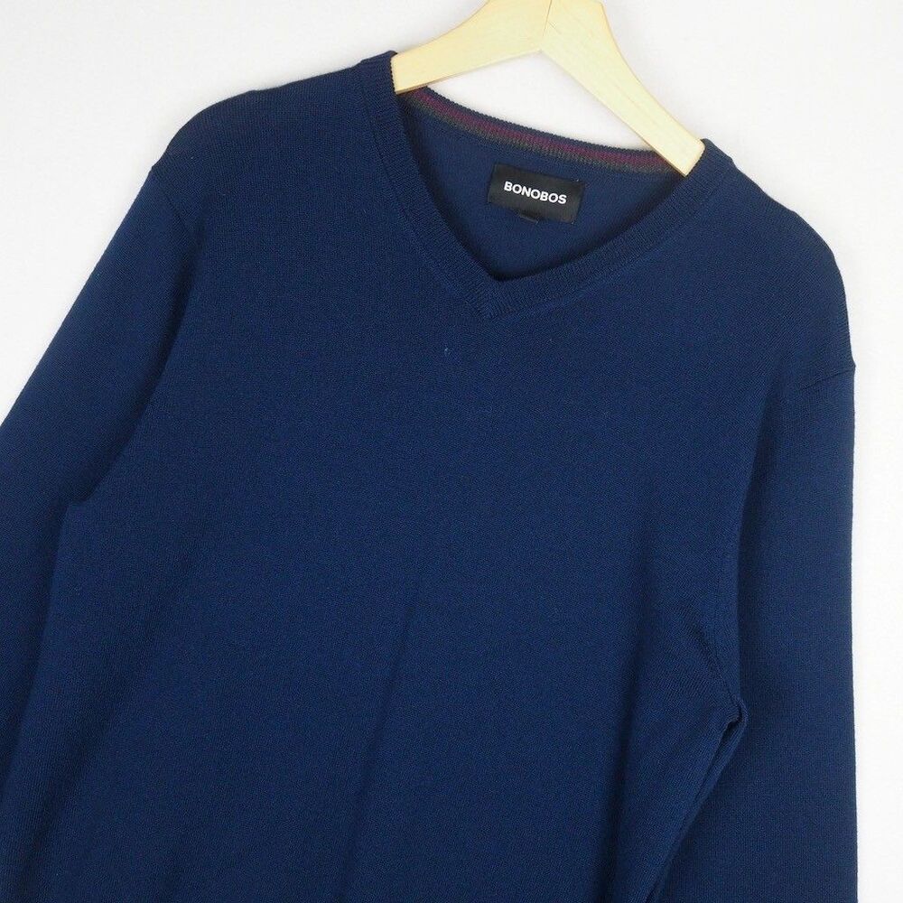 Bonobos Washable Extra Fine Merino Wool V-Neck Sweater Jumper Mens L Navy Blue